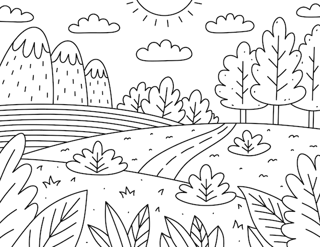 Vetor página para colorir de crianças bonitas paisagem com estrada de campo de montanhas de nuvens e arbustos no estilo doodle