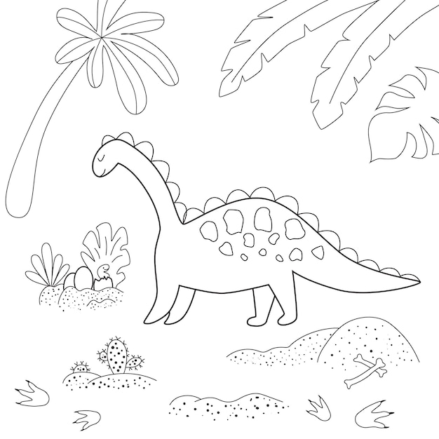 Página para colorir de dinossauro dinossauro bonito dos desenhos animados e seu ninho com pequeno dino ilustração em vetor preto e branco para livro de colorir dino mam e bebê na selva atividade de dinossauros