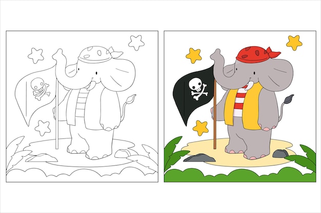 Página para colorir de elefante pirata bonito desenhado à mão