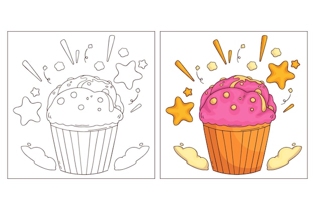 Página para colorir de fast food desenhada à mão cupcake