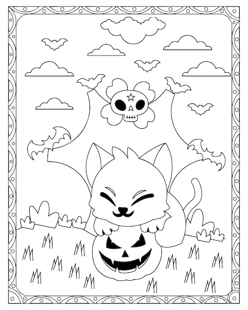 Página para colorir de gato de halloween vetor premium