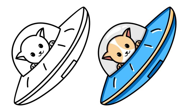 Página para colorir de gato fofo cavalgando nave espacial ufo para crianças