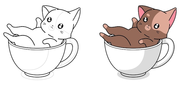 Página para colorir de gato fofo na xícara de café