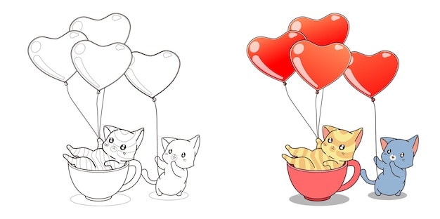 Página para colorir de gatos fofos e balões de coração para crianças