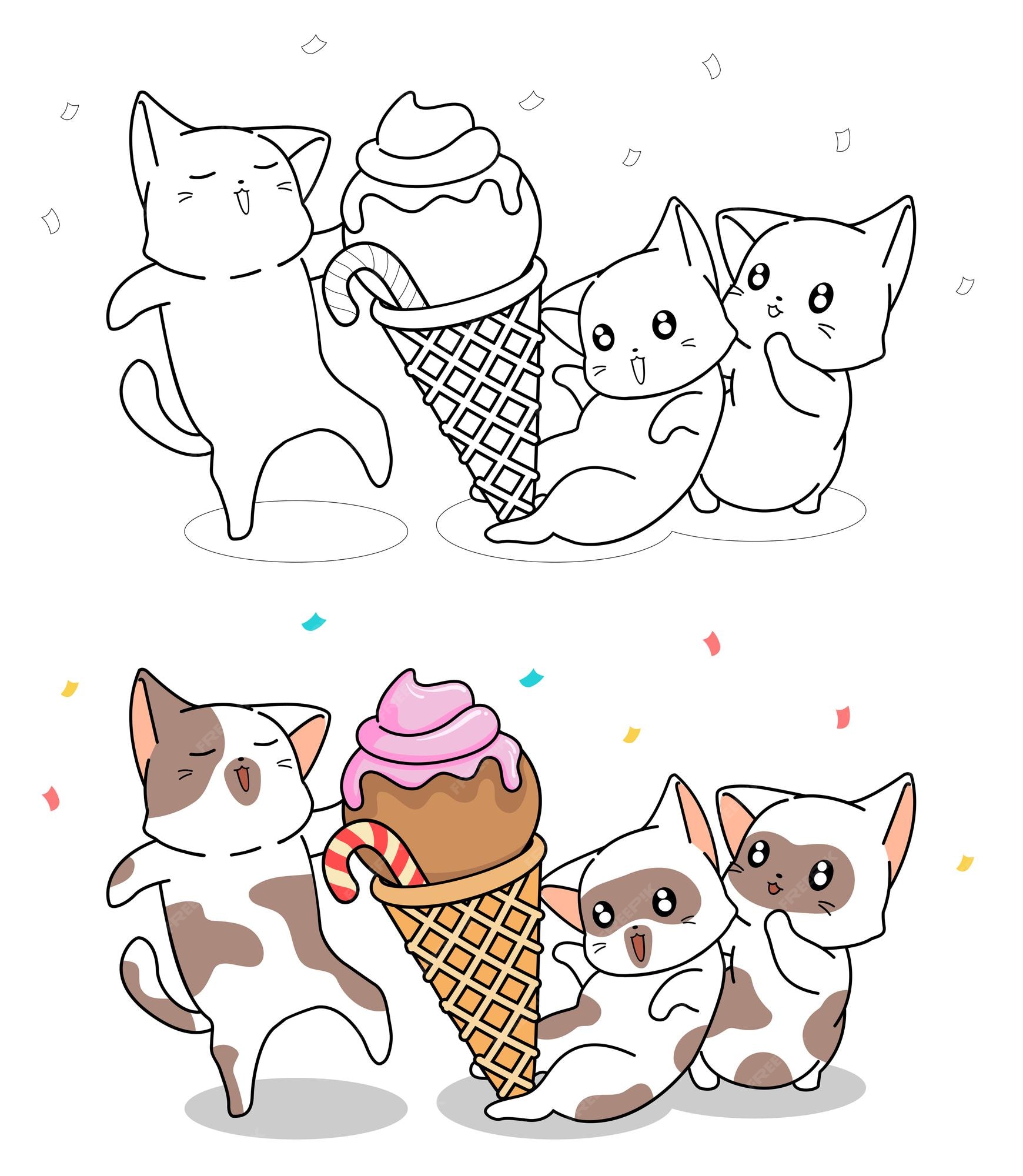 Página para colorir de gatos fofos e desenho de sorvete grande