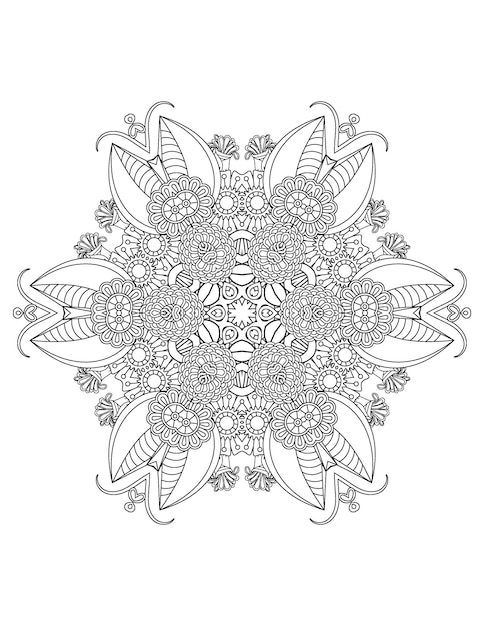 Página para colorir de mandala de flores Ilustração de flores desenhadas à mão Página para colorir de mandala para adultos