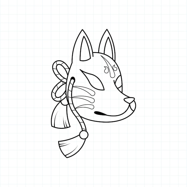 Página para colorir de máscara de kitsune japonesa, ilustração vetorial