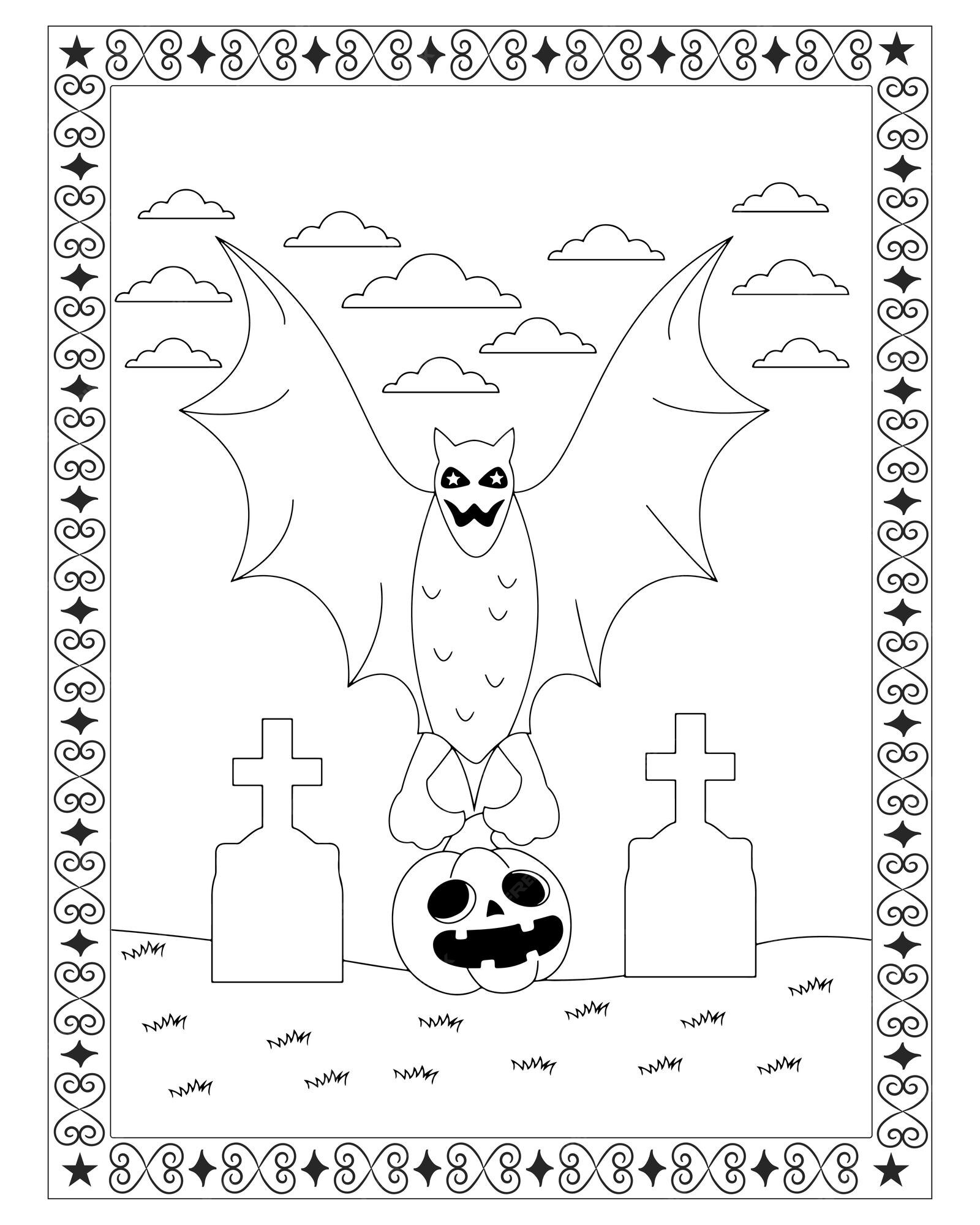 Página para colorir de halloween com abóbora fofa e morcego