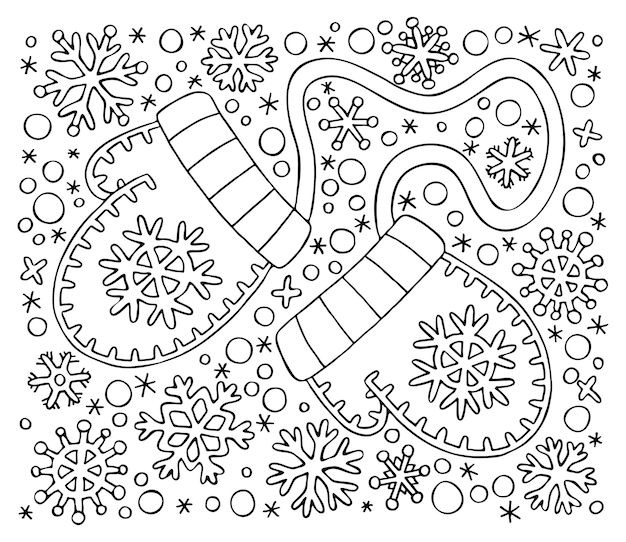 Página para colorir de natal luvas quentes de malha em um fundo de flocos de neve ilustração em vetor de inverno de arte de linha desenhada à mão feliz feriado