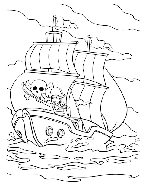Vetor página para colorir de navio pirata para crianças