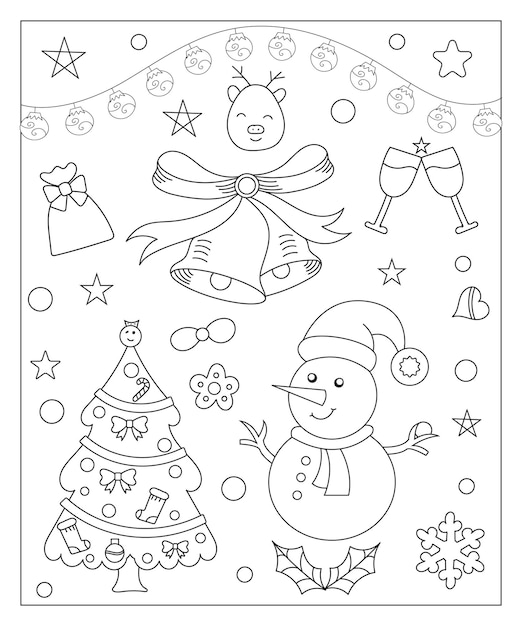 Página para colorir de uma árvore de natal decorada, boneco de neve e presentes do sino da bola de shanta claus