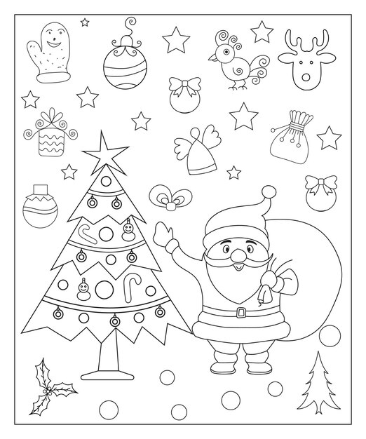 Desenho de árvore de natal kawaii para colorir