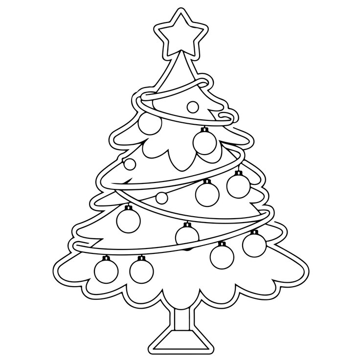 Vetor página para colorir de uma árvore de natal decorada com presentes