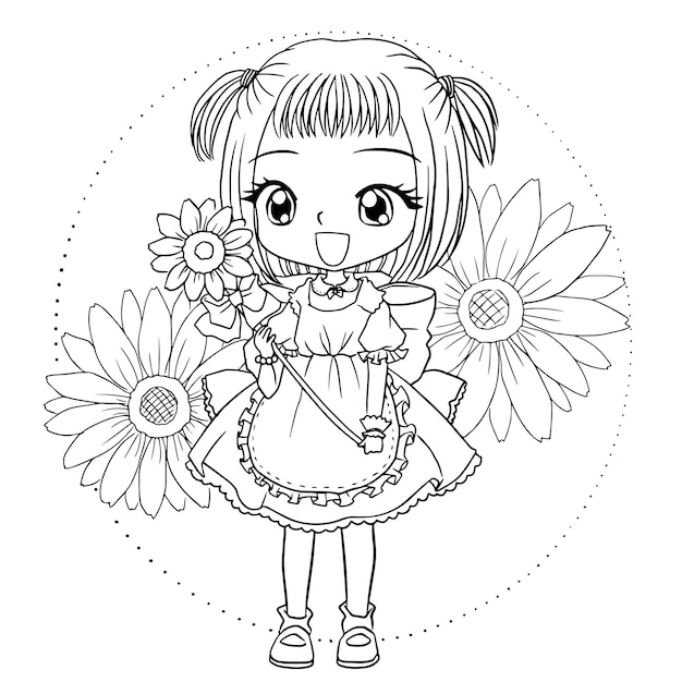 Página para colorir desenho animado bonito mangá kawaii ilustração clipart criança desenho personagem