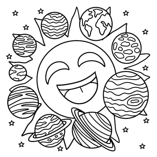 Página para colorir feliz sol e sistema solar para crianças