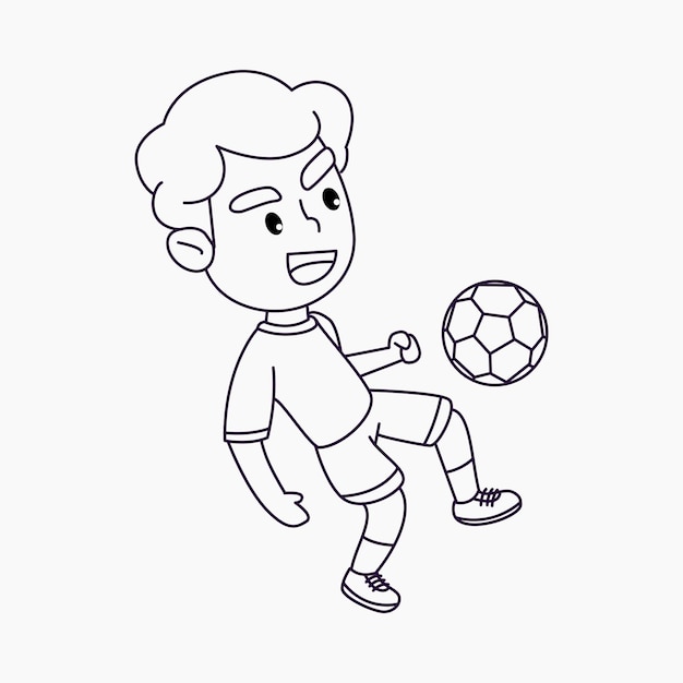 Página para colorir garoto bonito jogando futebol garoto feliz chutando a bola ilustração vetorial de desenho animado