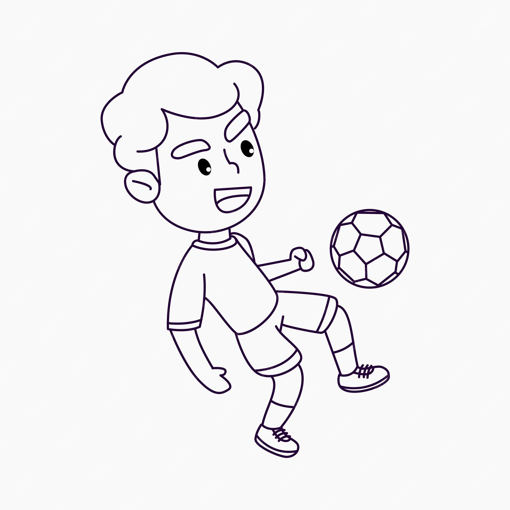 página para colorir menino bonito jogando futebol, menino feliz chutando a  bola, ilustração vetorial de desenho animado 7802866 Vetor no Vecteezy