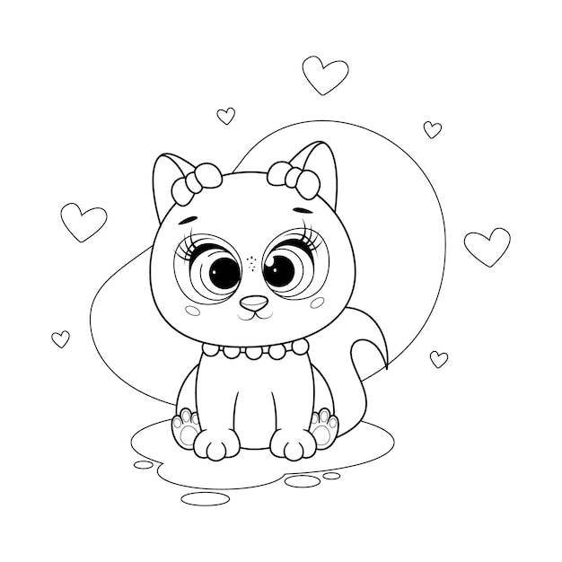 Página para colorir Gatinho de desenho animado com arcos bonitos e corações