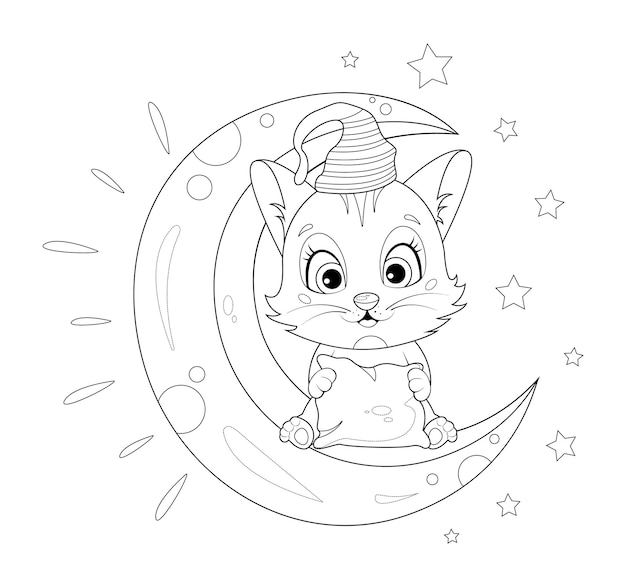 Página para colorir gatinho fofo de desenho animado sentado na lua hora de dormir