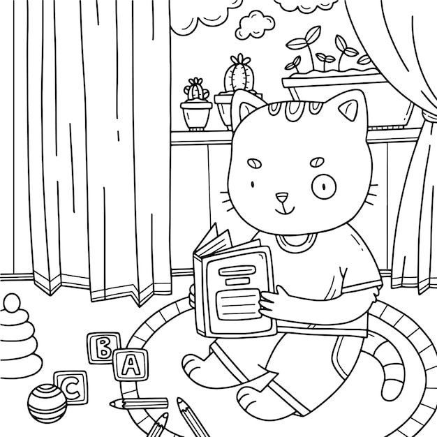 Página para colorir infantil com gatinho fofo lendo um livro no chão. livro de colorir com um gatinho. ilustração para colorir de desenho vetorial.