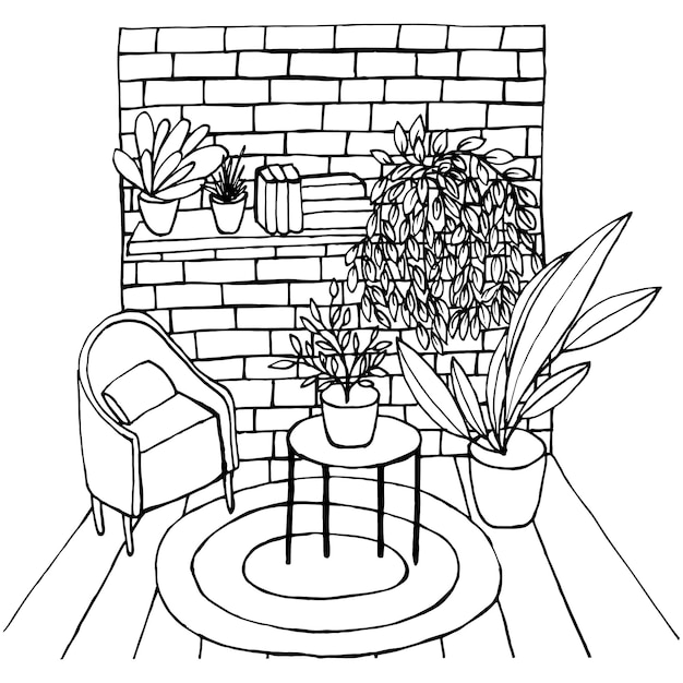 Página para colorir interior do terraço aconchegante Terraço bonito desenhado à mão com poltrona de plantas e pequena mesa de café Livro de colorir para crianças e adultos ilustração stock