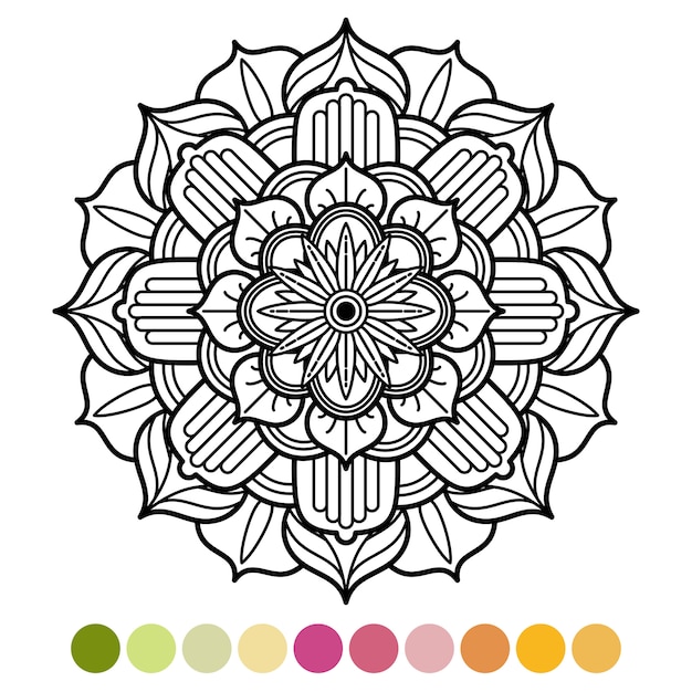 Página para colorir mandala de antistress com amostra de cores