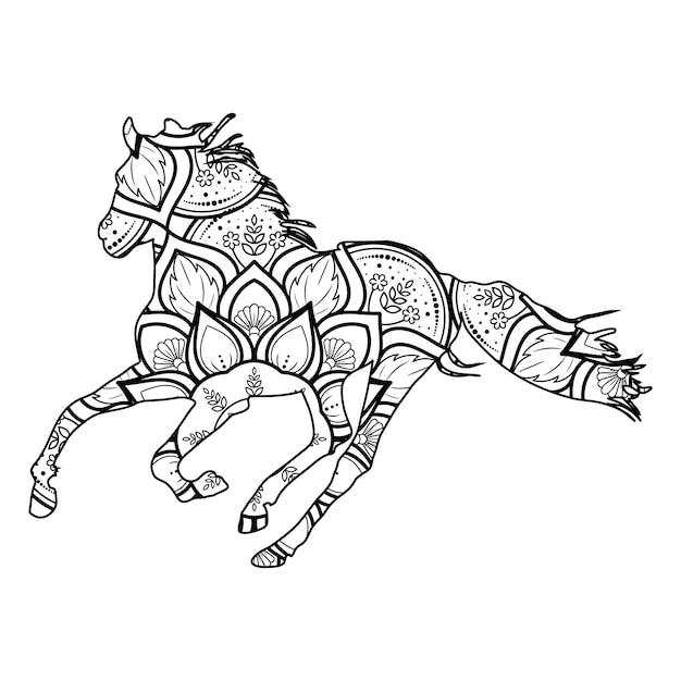 Página para colorir mandala de cavalo para crianças e adultos, ilustração de estilo de design de arte de linha vetorial animal.