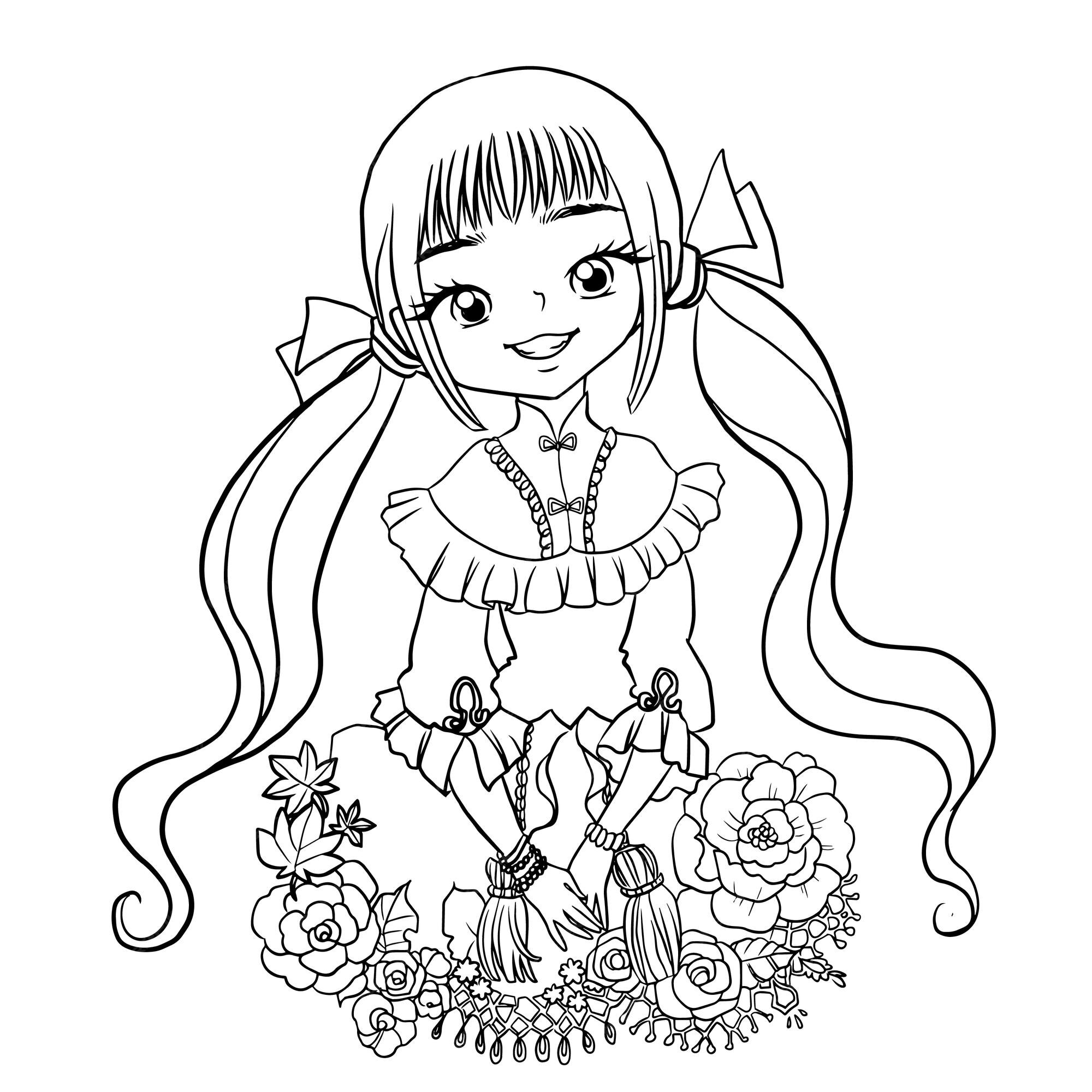 Página para colorir menina anime personagem fofo desenho animado ilustração  kawaii clipart