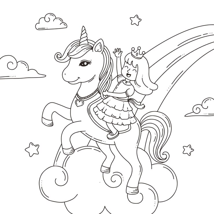 Vetor página para colorir o unicórnio e a princesa
