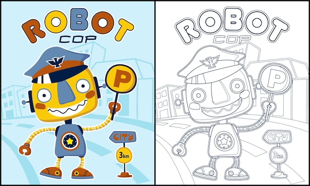 Página para colorir ou livro com desenho animado robô engraçado