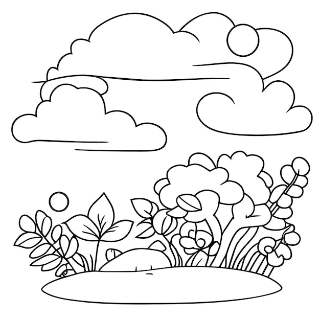 Vetor página para colorir paisagem natureza cenas com nuvens de sol ou cena de paisagem de prado muitas árvores florescem