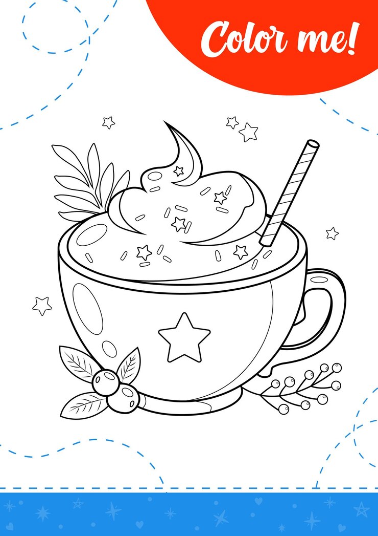Vetor página para colorir para crianças com uma caneca de chocolate quente e chantilly