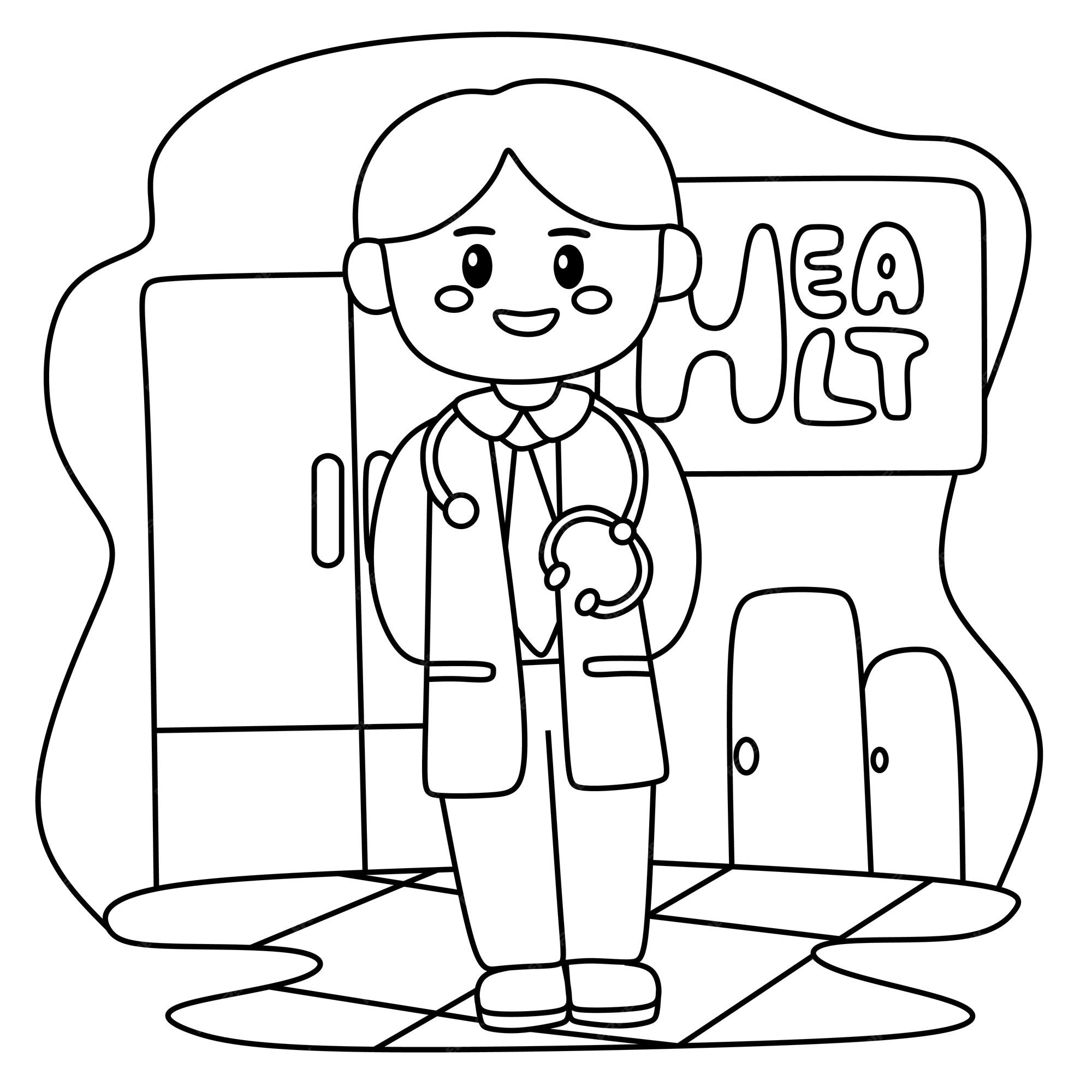 Desenho de médico na consulta para pintar