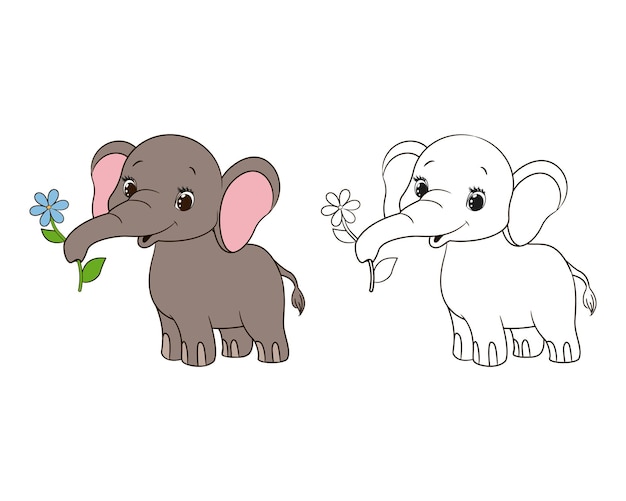 Página para colorir pequeno elefante segurando uma bela flor em seu tronco. ilustração em vetor, desenhos animados, arte de linha isolada preto e branco.