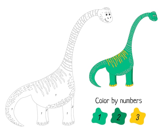 Página para colorir por números dinossauro engraçado jogo educativo para crianças pré-escolares aprender números e cores