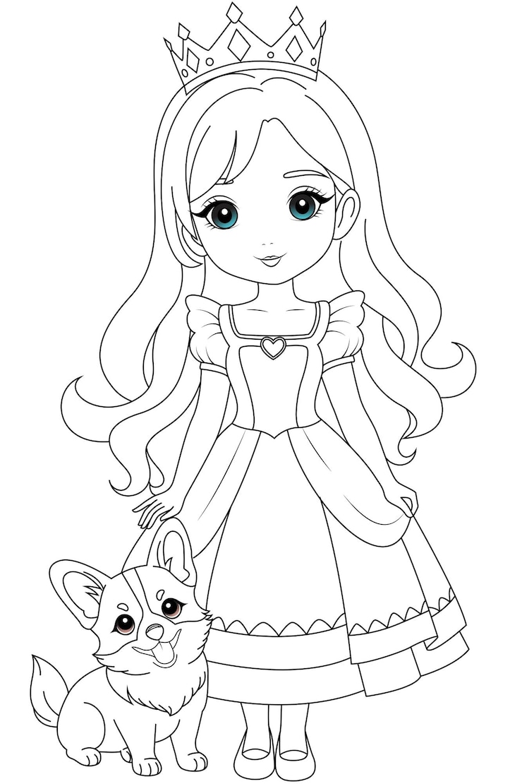 Vetor página para colorir princesa chibi com um lindo corgi