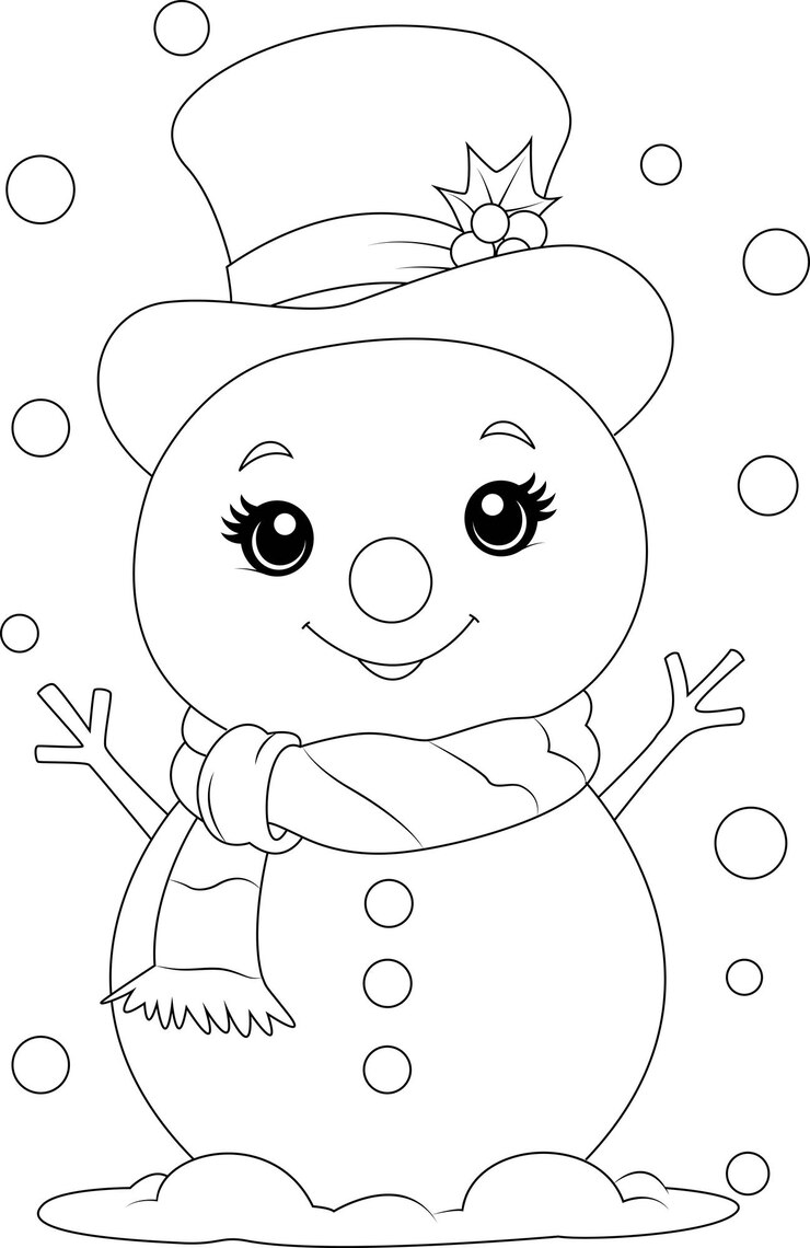 Vetor página para colorir um boneco de neve fofo com lenço e chapéu