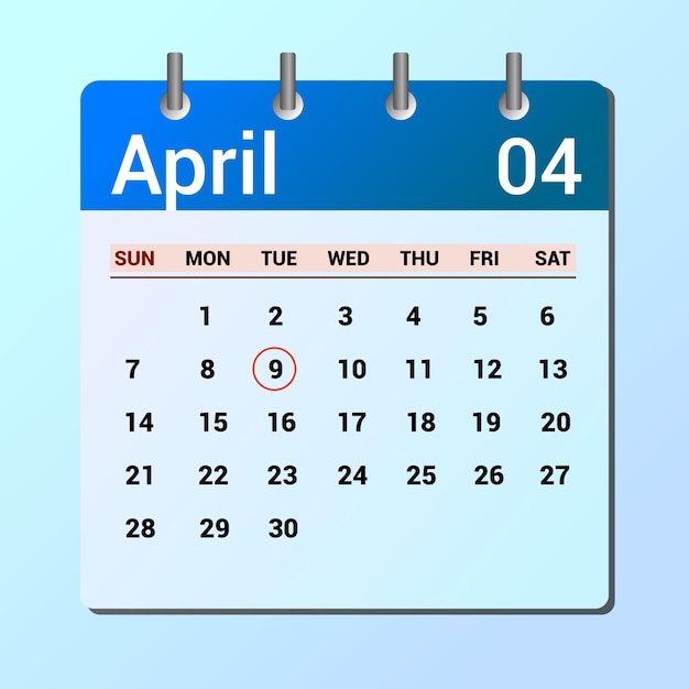 página vetora do calendário do mês de abril e data destacada 10 de abril