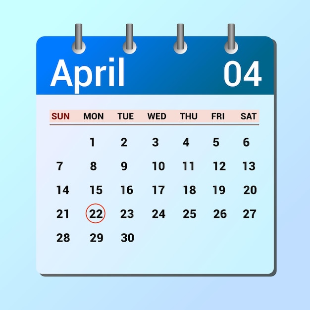 página vetora do calendário do mês de abril e data destacada 22 de abril