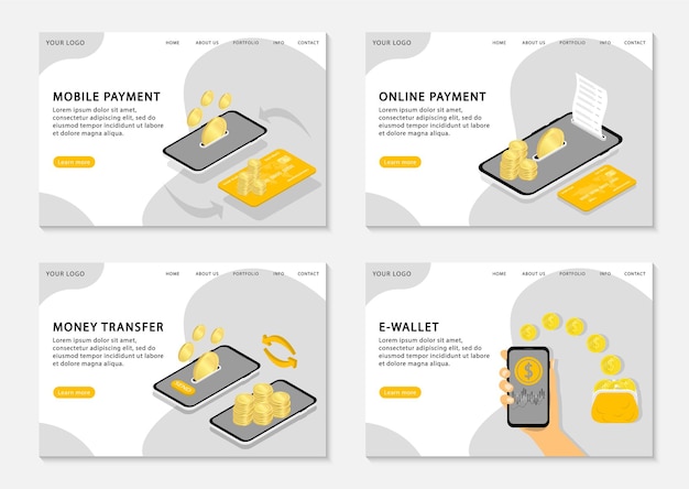 Páginas de destino de pagamento móvel. conjunto de modelo de páginas da web para pagamento online, transferência de dinheiro e carteira eletrônica.