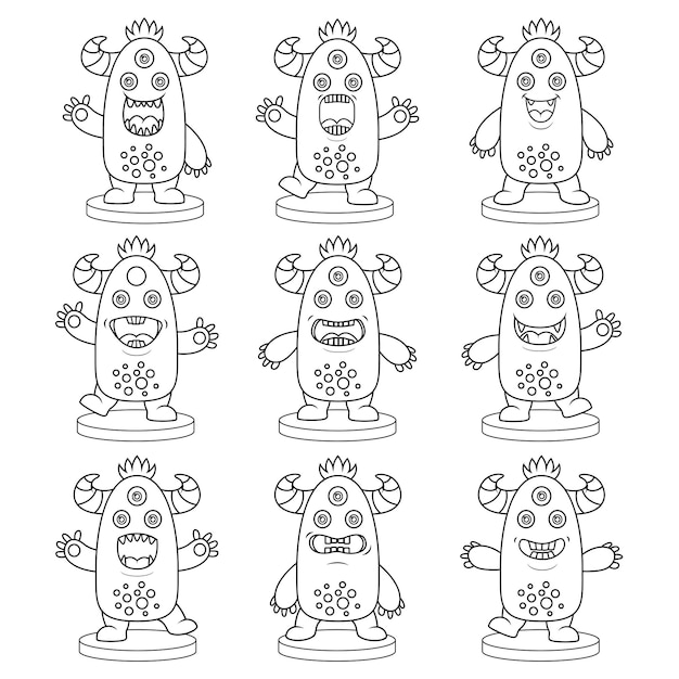Vetor páginas de livros para colorir para crianças coleção de monstros de desenhos animados fofos