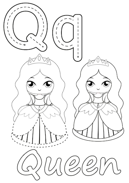 Páginas para colorir da rainha e da letra Q Adequado para uso em livros de colorir infantis