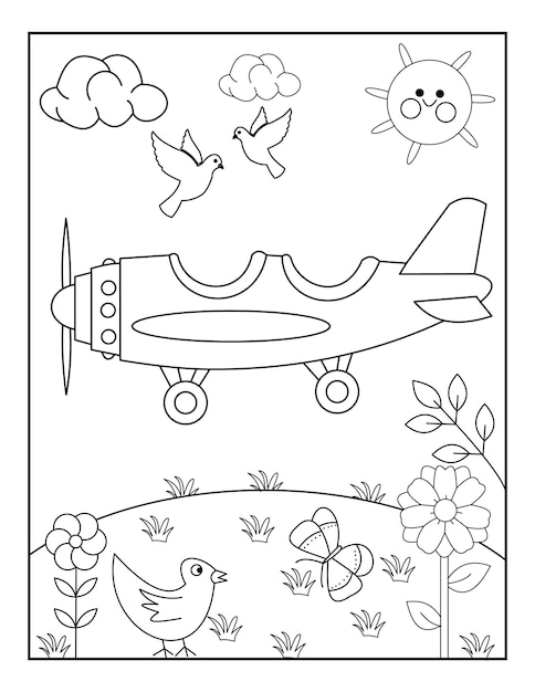 páginas para colorir de avião com vetor de design fofo