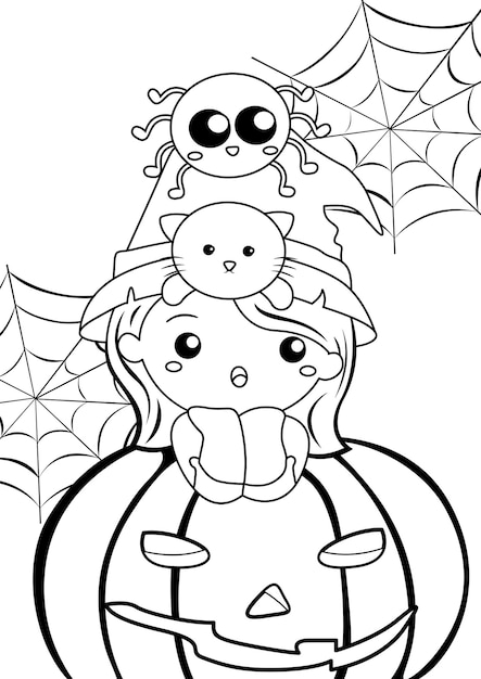 Desenho para colorir bruxa e amigos de Halloween · Creative Fabrica