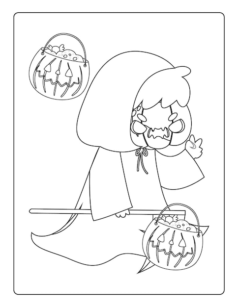 Páginas para colorir de halloween para crianças com ilustração de esboço de abóbora de cor preta desenhada à mão