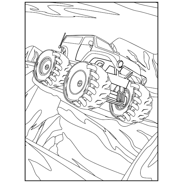 Páginas para colorir de monster truck imprimíveis para crianças vetor premium