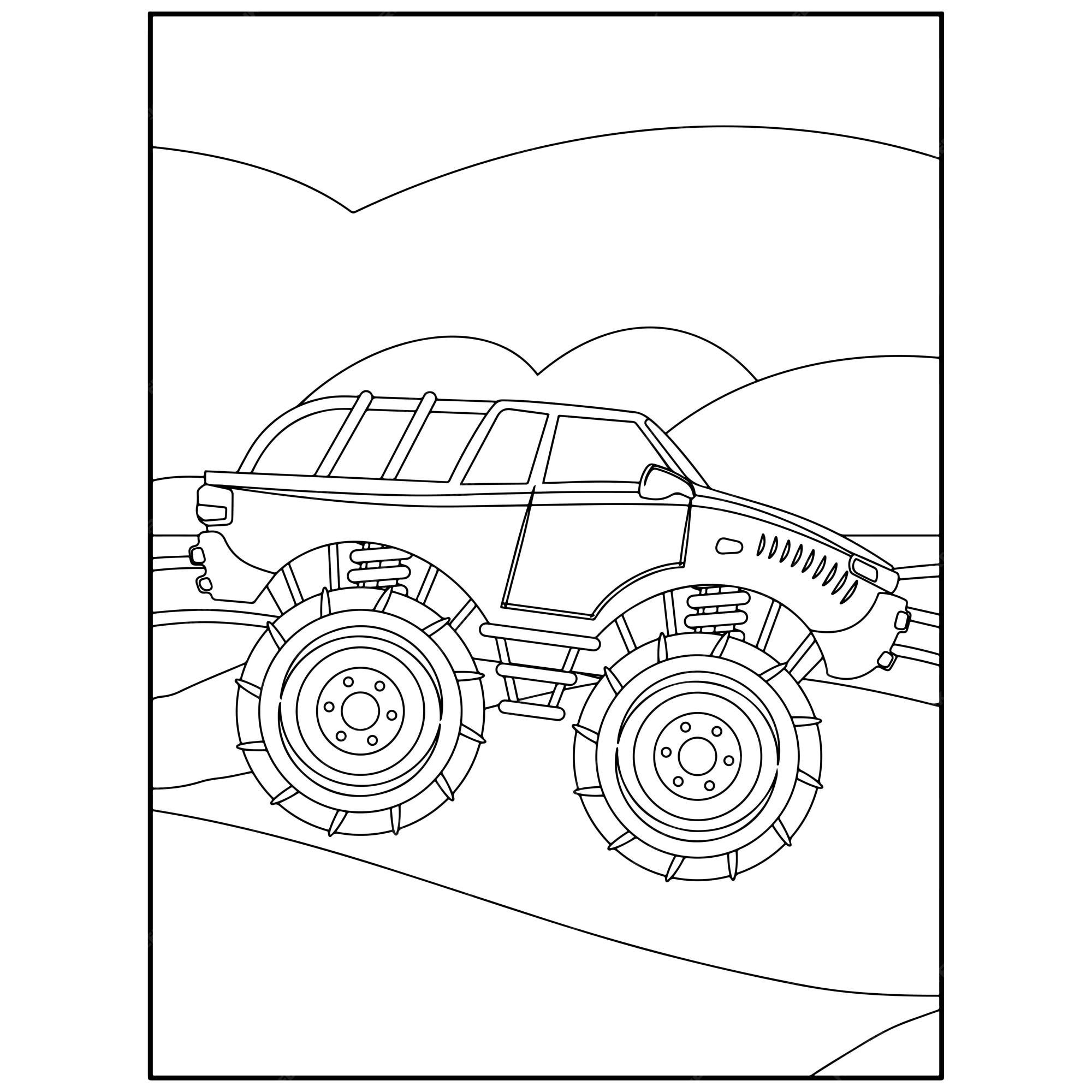 Páginas para colorir de monster truck imprimíveis para crianças vetor  premium