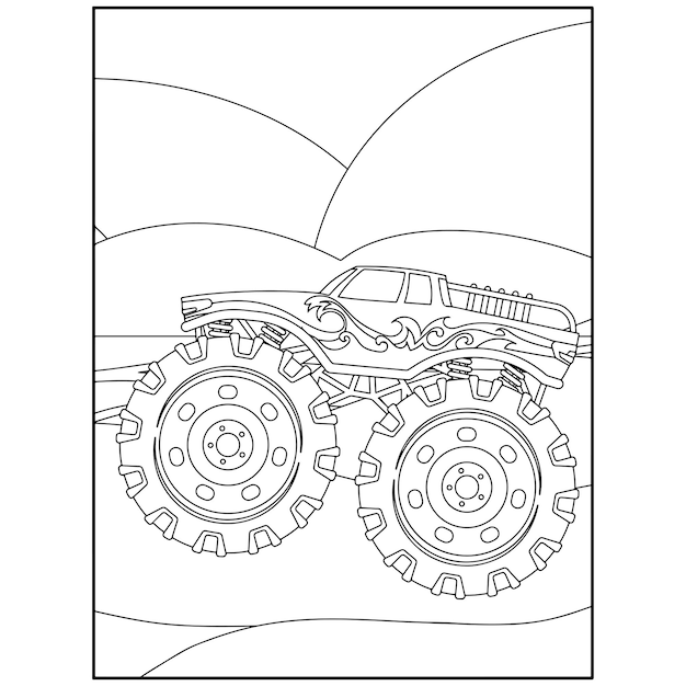 Páginas para colorir de monster truck imprimíveis para crianças vetor premium