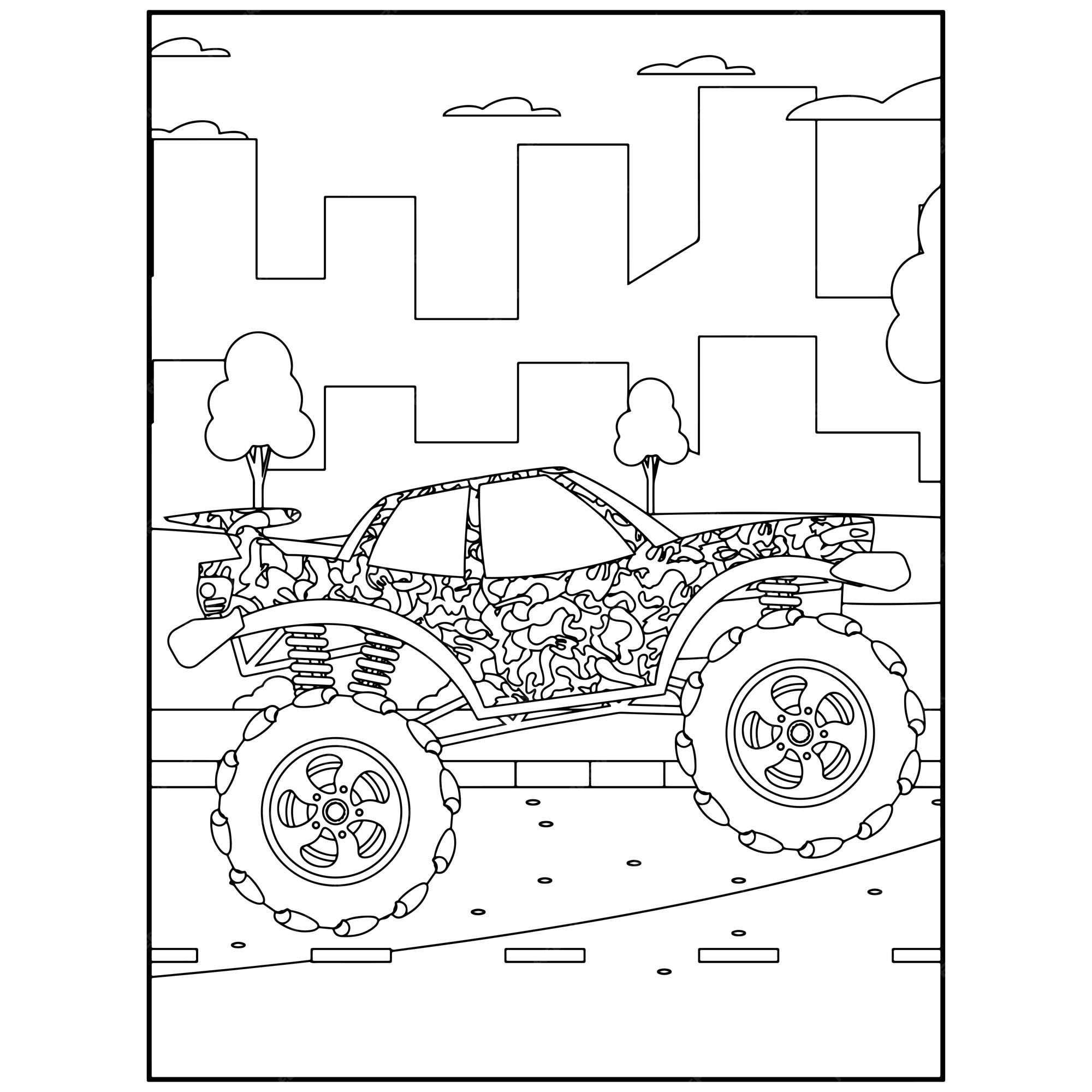 Páginas para colorir de monster truck imprimíveis para crianças vetor  premium