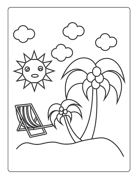 Páginas para colorir de verão para crianças com vibrações de verão, sol e árvores, livro de colorir preto e branco